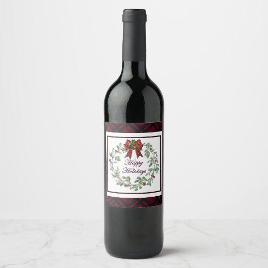 Prettige feestdagen Rood Plaid Wijn Etiket (Voorkant)