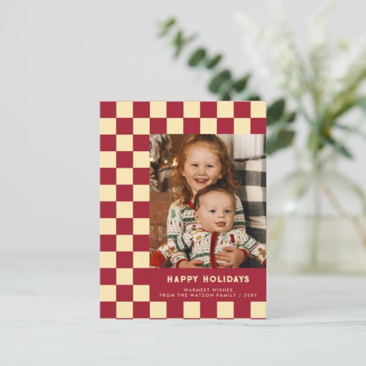 Prettige feestdagen Rood Retro Groovy Checkered (Staand voorkant)