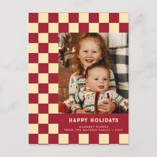 Prettige feestdagen Rood Retro Groovy Checkered (Voorkant)