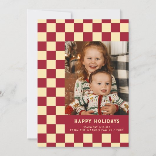 Prettige feestdagen Rood Retro Groovy Checkered Feestdagenkaart (Voorkant)