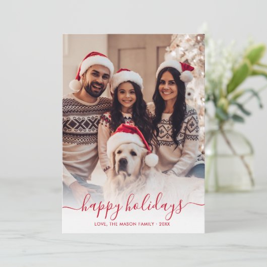 Prettige feestdagen Rood Script 2 Foto Kerstmis Feestdagenkaart (Staand voorkant)