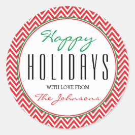 Prettige feestdagen Rood & Wit Chevron "Xmas Ronde Sticker