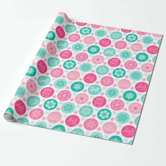 prettige feestdagen Roze Blauwgroen Snowflakes Cadeaupapier (Uitgerold)