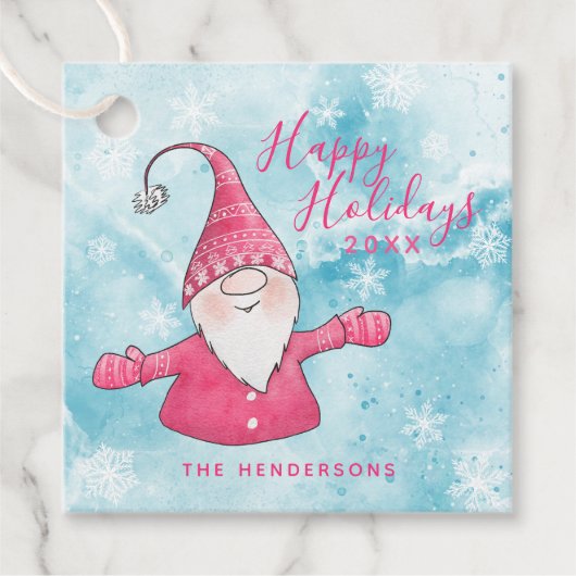 Prettige feestdagen Roze en Blauw Schattigee Gnoom Bedankjes Labels (Voorkant)