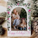 Prettige Feestdagen Roze en Groene Botanische Boog Feestdagenkaart<br><div class="desc">Deze collectie bevat aquarel heldere roze bloemen,  bessen en wintergroen met moderne en elegante typografie,  met een winterbotanisch patroon op de achterkant.</div>