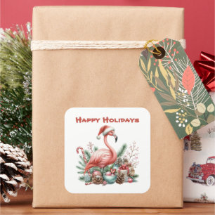 Prettige feestdagen roze flamingo vierkante sticker