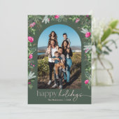 Prettige feestdagen Roze groen bladeren boog foto Feestdagenkaart (Staand voorkant)