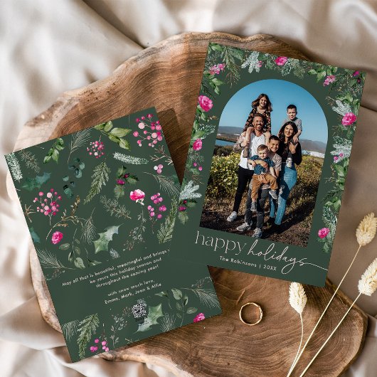 Prettige feestdagen Roze groen bladeren boog foto Feestdagenkaart