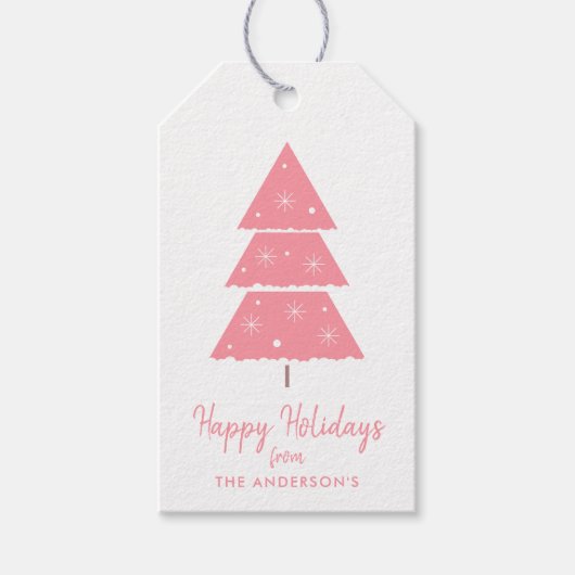 Prettige feestdagen Roze Kerstboom Sneeuwvlokken Cadeaulabel (Voorkant)