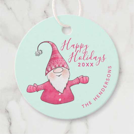 Prettige feestdagen Roze Mint Kerst Gnoom Custom Bedankjes Labels (Voorkant)