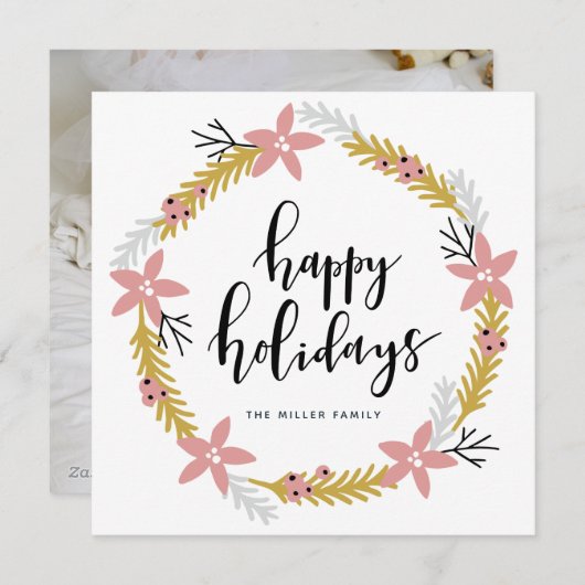 prettige feestdagen Roze Wreath | Vakantieknopkaar Feestdagenkaart (Voorkant / Achterkant)