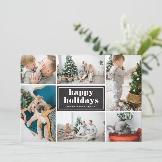 prettige feestdagen Rustic Chalkboard Photo Collag Feestdagenkaart (Staand voorkant)