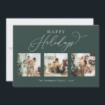 prettige feestdagen Rustic Green Multi Photo Colla Feestdagenkaart<br><div class="desc">Creëer prachtige herinneringen aan dit vakantieseizoen met deze multi-foto collage vakantiekaart. Deze kaart kenmerkt een modern minimalistisch manuscript met uw favoriete foto's op de voorzijde en op de rug. Pas deze volledig aanpasbare kaart aan met uw begroeting,  bericht,  familienaam en jaar.</div>