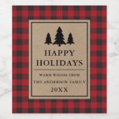 Prettige feestdagen Rustic Kraft Red Plaid Pines Wijn Etiket (Enkel label)