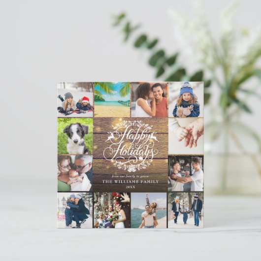 prettige feestdagen Rustic Wood 12 Foto Collage Feestdagenkaart (Staand voorkant)