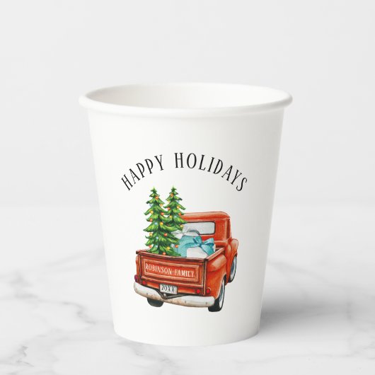 Prettige feestdagen Rustieke rode Truck Papieren Bekers (Voorkant)