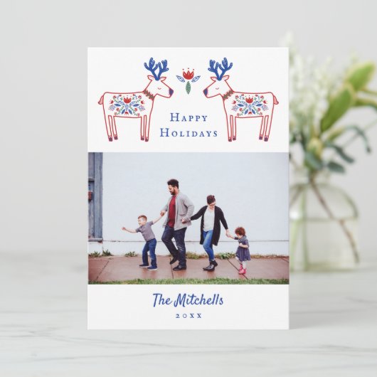 Prettige feestdagen Scandinavisch bloemenrendier Feestdagenkaart (Staand voorkant)