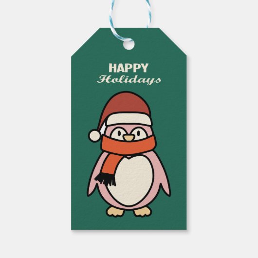 prettige feestdagen schattige roze kerstpinguïn cadeaulabel (Achterkant)