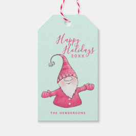 Prettige feestdagen Schattigee Gnome Mint en Roze Cadeaulabel