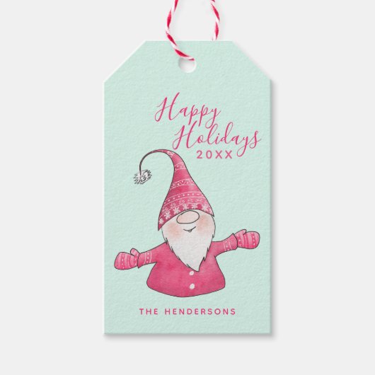 Prettige feestdagen Schattigee Gnome Mint en Roze Cadeaulabel (Voorkant)