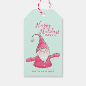 Prettige feestdagen Schattigee Gnome Mint en Roze Cadeaulabel (Achterkant)