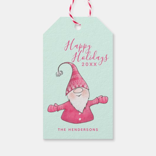 Prettige feestdagen Schattigee Gnome Mint en Roze Cadeaulabel (Achterkant)