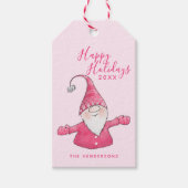 Prettige feestdagen Schattigee Gnome Roze Kerst Cadeaulabel (Voorkant)