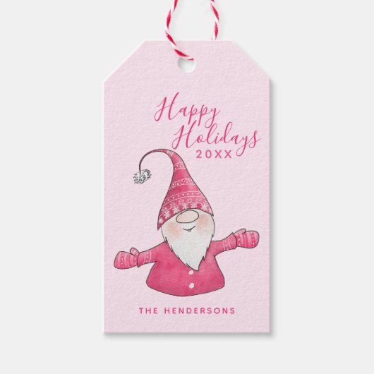 Prettige feestdagen Schattigee Gnome Roze Kerst Cadeaulabel (Voorkant)