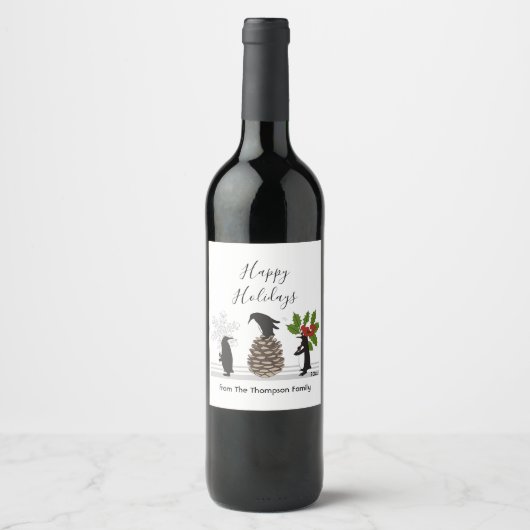 Prettige feestdagen Schattigee grappige pinguïn ke Wijn Etiket (Voorkant)