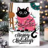 Prettige feestdagen Schattigee kat gewikkeld in li Kaart