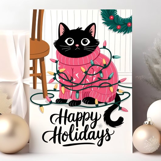 Prettige feestdagen Schattigee kat gewikkeld in li Kaart