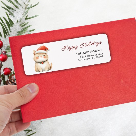 Prettige feestdagen Schattigee Kerstkat Kat Adres Etiket