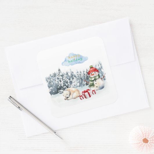 PRETTIGE FEESTDAGEN SCHATTIGEE SNEEUWMAN VOOR KIND VIERKANTE STICKER (Envelop)