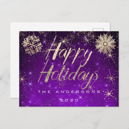 prettige feestdagen Script Gold Snow Paarse Spark Briefkaart (Voorkant / Achterkant)