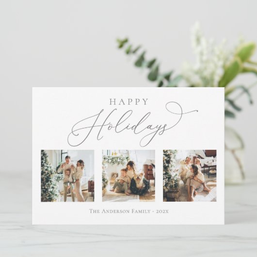 Prettige feestdagen Script Gray 2 Multi Photo Coll Feestdagenkaart (Staand voorkant)