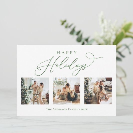 prettige feestdagen Script Green 2 Multi Photo Col Feestdagenkaart (Staand voorkant)