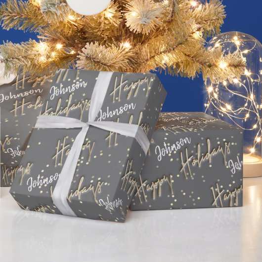 prettige feestdagen Script Name Gold Confetti Grey Cadeaupapier (Feestdagen)