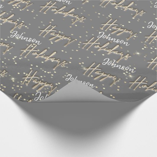 prettige feestdagen Script Name Gold Confetti Grey Cadeaupapier (Hoek)