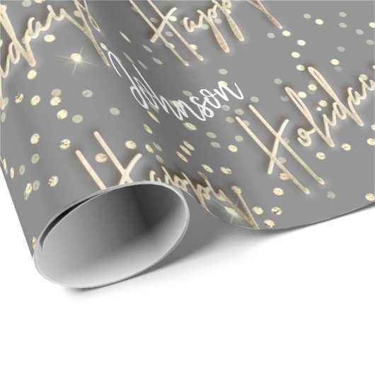prettige feestdagen Script Name Gold Confetti Grey Cadeaupapier (Rol Hoek)