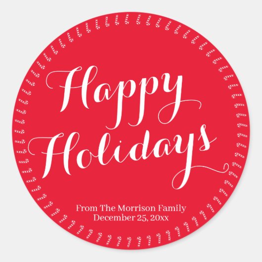Prettige feestdagen Script rode aangepaste familie Ronde Sticker (Voorkant)