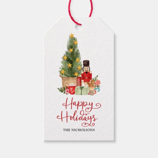 Prettige feestdagen Scriptkerstboomnotenkraker Cadeaulabel (Voorkant)