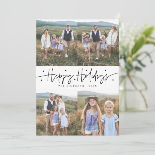 Prettige feestdagen Scriptwit Multi Photo Feestdagenkaart (Staand voorkant)
