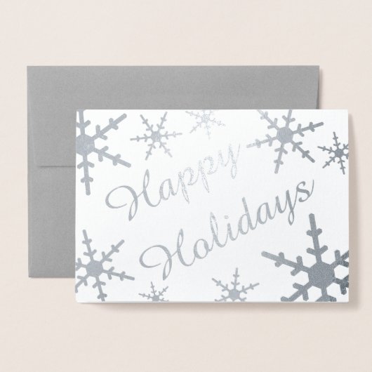 Prettige feestdagen Silver Script Snowflakes Folie Kaarten (Voorkant met envelop)