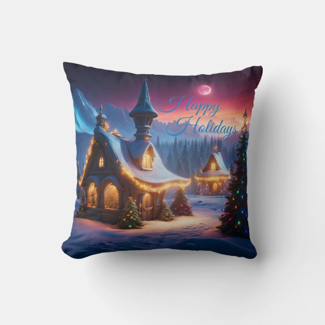 Prettige feestdagen sneeuwcabine en kerstbomen kussen (Voorkant)