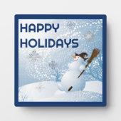 Prettige feestdagen Sneeuwman met bezem winter Fotoplaat (Voorkant)