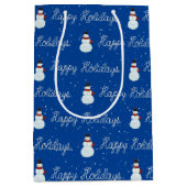 prettige feestdagen sneeuwpop en touwtekst op blau medium cadeauzakje (Voorkant)