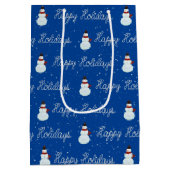 prettige feestdagen sneeuwpop en touwtekst op blau medium cadeauzakje (Achterkant)