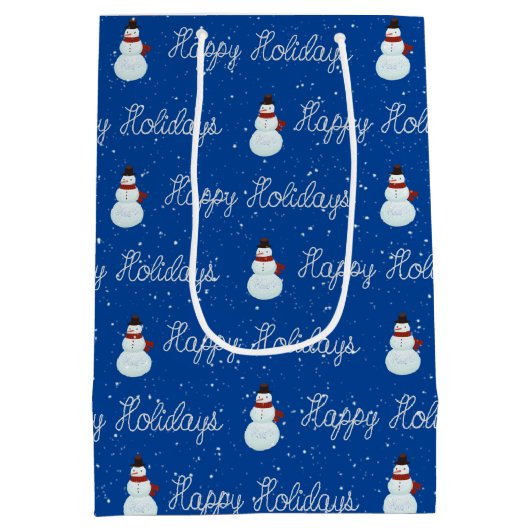 prettige feestdagen sneeuwpop en touwtekst op blau medium cadeauzakje (Achterkant)