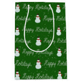 prettige feestdagen sneeuwpop en touwtekst op groe medium cadeauzakje (Voorkant)