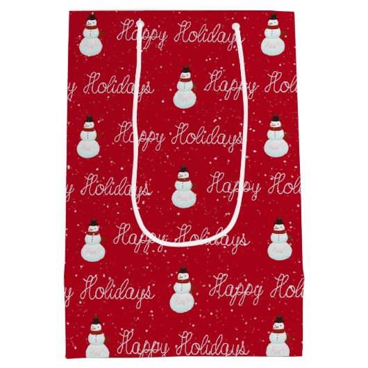 prettige feestdagen sneeuwpop en touwtekst op rood medium cadeauzakje (Achterkant)